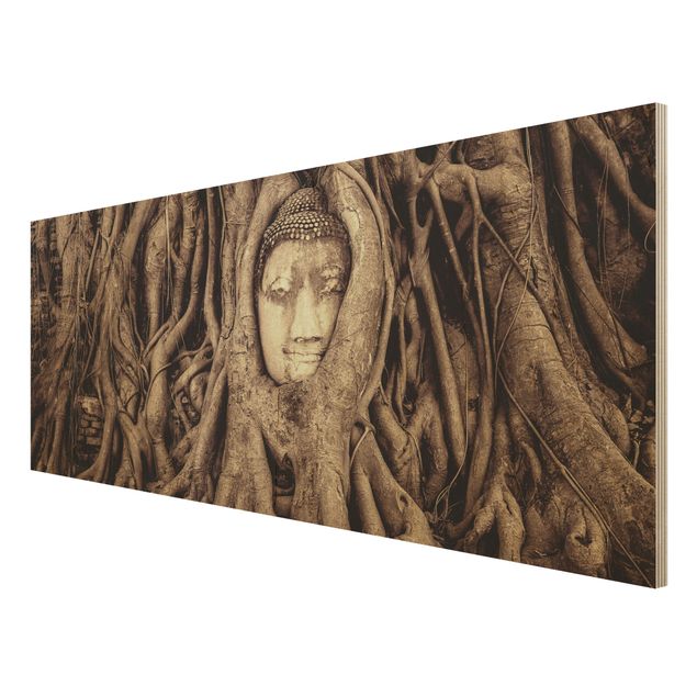Wood prints landscape Buddha In Ayutthaya Lined From Tree Roots In Brown