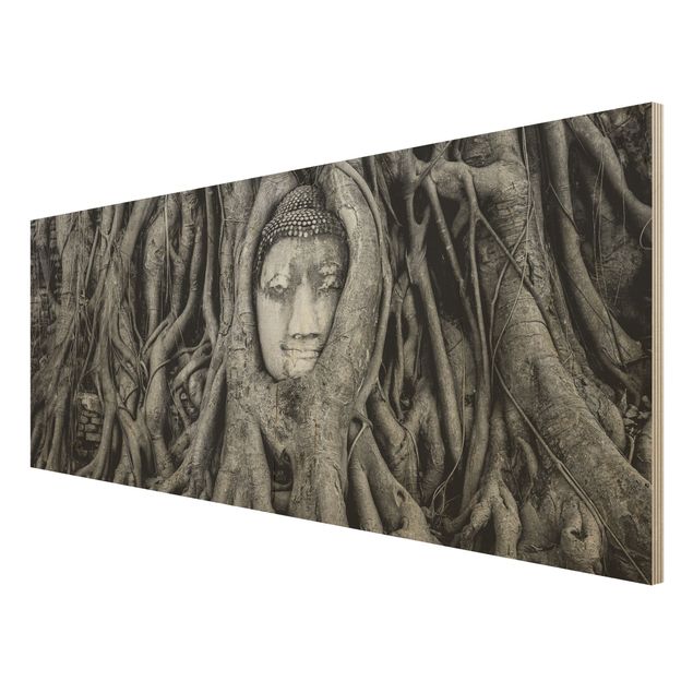 Wood prints landscape Buddha In Ayutthaya Lined From Tree Roots In Black And White