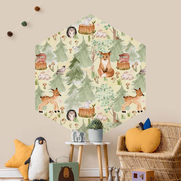 Wallpapers modern Hedgehog And Fox With Trees Green