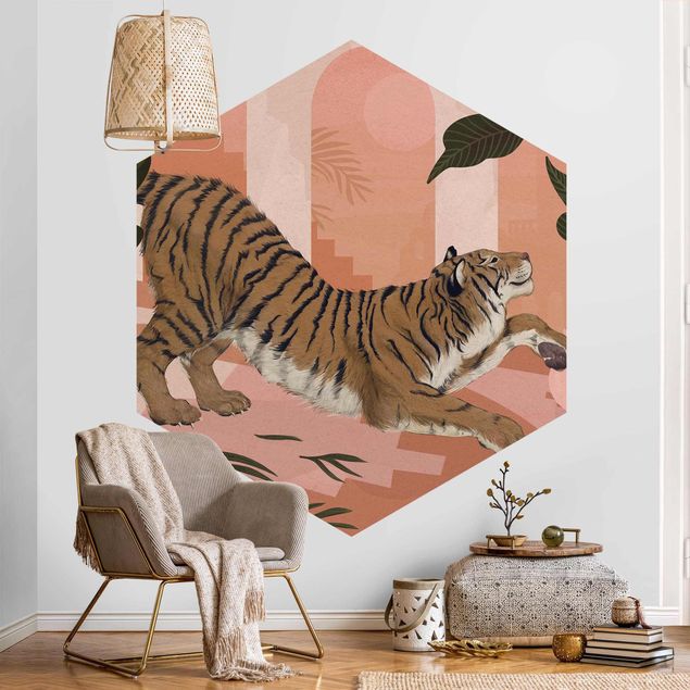 Modern wallpaper designs Illustration Tiger In Pastel Pink Painting