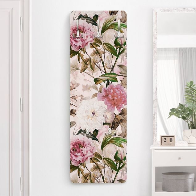 Wall mounted coat rack flower Illustrated Peonies In Light Pink