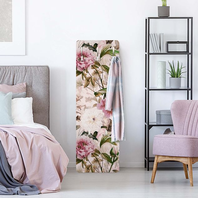 Wall coat rack Illustrated Peonies In Light Pink