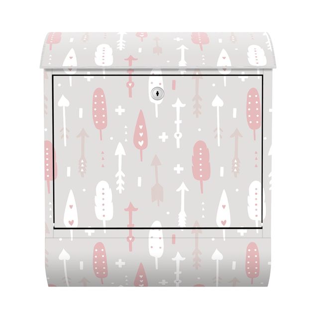 Anthracite grey post box Tribal Arrows With Hearts Light PInk Grey