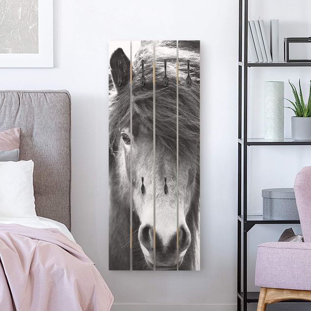 Wall mounted coat rack wood Icelandic Horse In Black And White