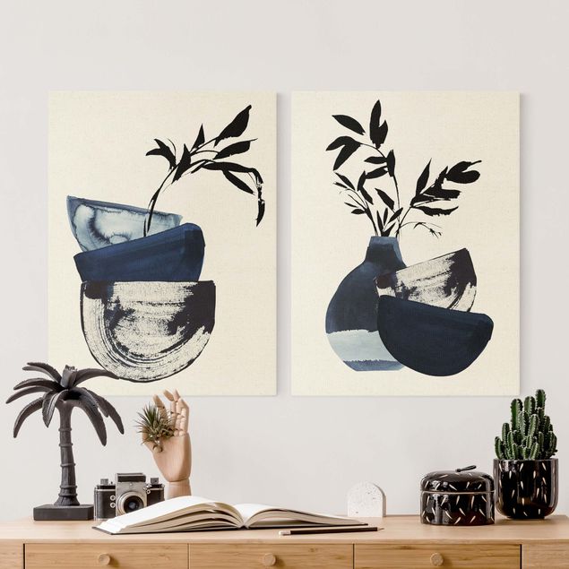 Navy blue wall art Japandi Watercolour - Tableware With Branches