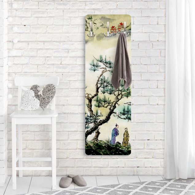 Vintage coat hook rack Japanese Watercolour Drawing Pine And Mountain Village