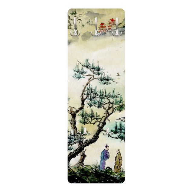 Wall coat rack Japanese Watercolour Drawing Pine And Mountain Village