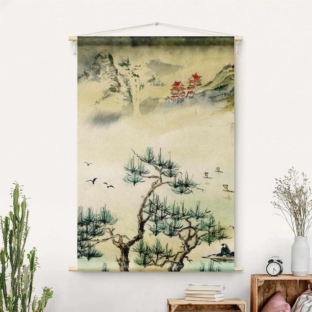 Kitchen Japanese Watercolour Drawing Pine Tree And Mountain Village