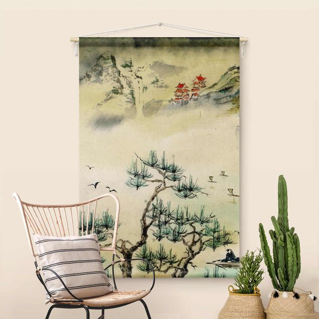 Mountain wall art Japanese Watercolour Drawing Pine Tree And Mountain Village