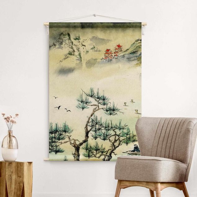 Trees on canvas Japanese Watercolour Drawing Pine Tree And Mountain Village