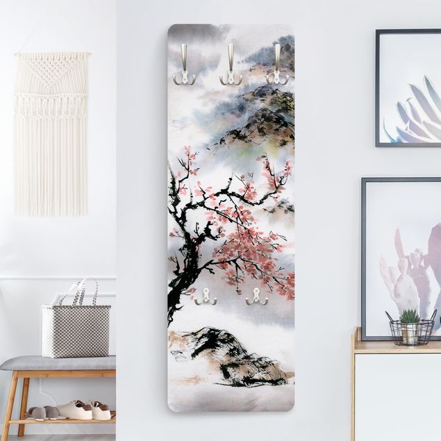 Wall mounted coat rack flower Japanese Watercolour Drawing Cherry Tree And Mountains