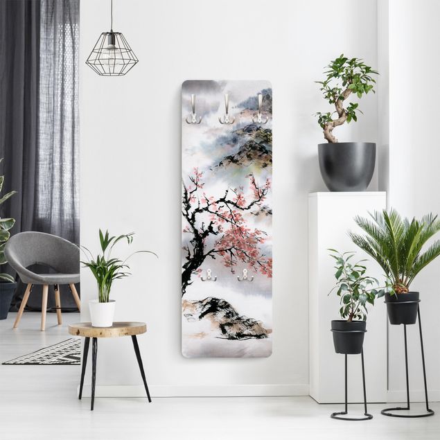 Wall mounted coat rack landscape Japanese Watercolour Drawing Cherry Tree And Mountains
