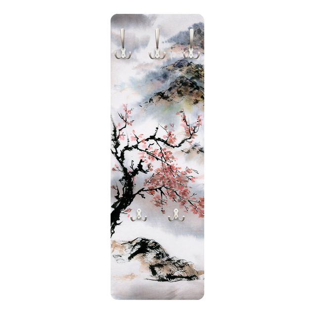 Grey wall mounted coat rack Japanese Watercolour Drawing Cherry Tree And Mountains