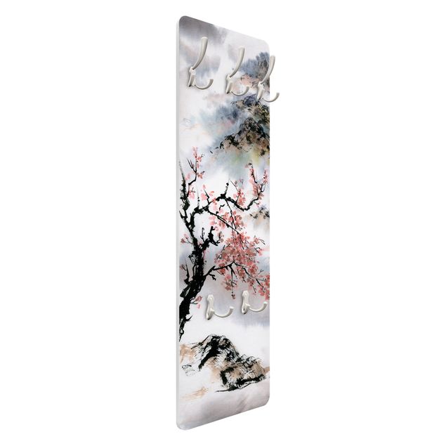 Wall coat rack Japanese Watercolour Drawing Cherry Tree And Mountains