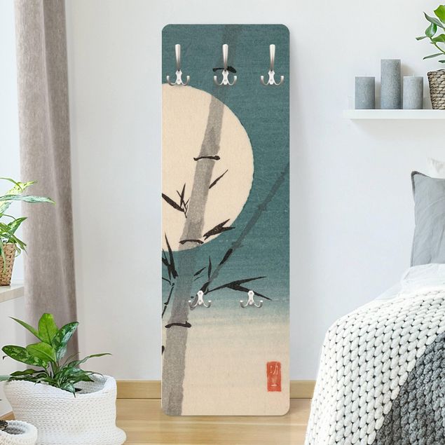 Wall mounted coat rack landscape Japanese Drawing Bamboo And Moon