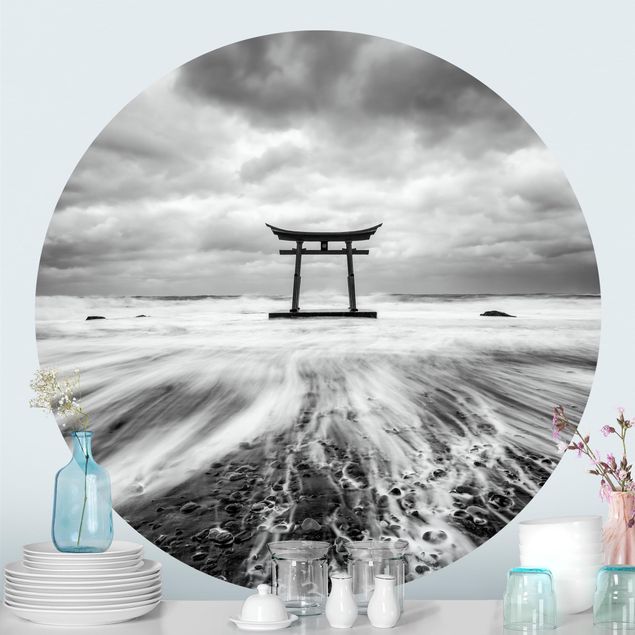 Black white wallpaper Japanese Torii In The Ocean