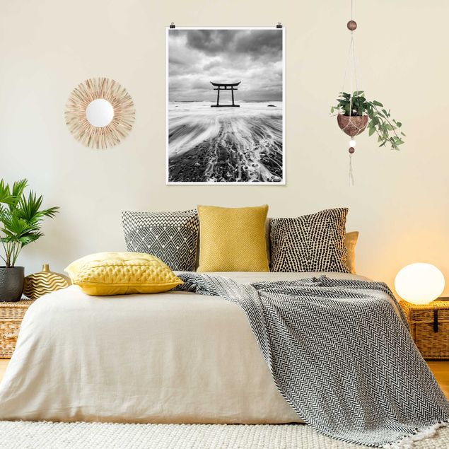 Posters black and white Japanese Torii In The Ocean