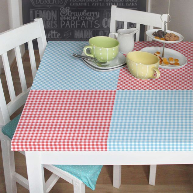 Adhesive films for furniture frosted Checked Pattern Squares In Pastel Blue And Vermillion