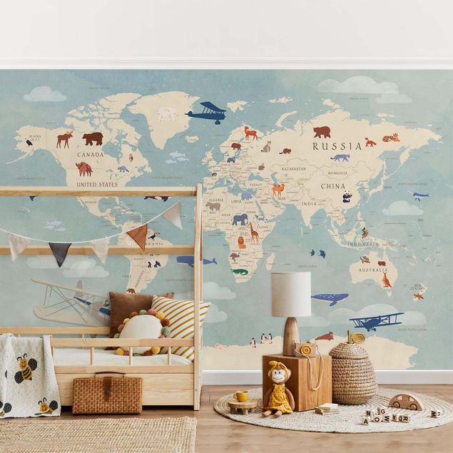Modern wallpaper designs Map With With Animals Of The World