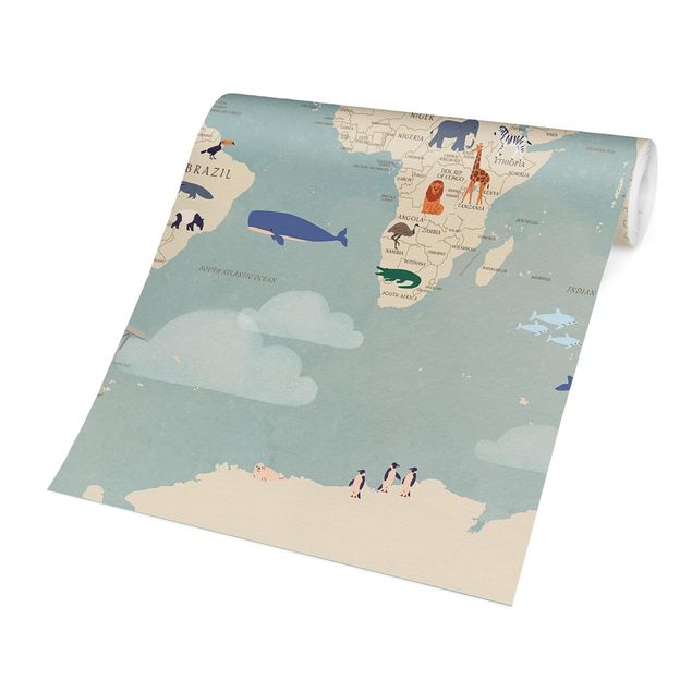 blue wall mural Map With With Animals Of The World