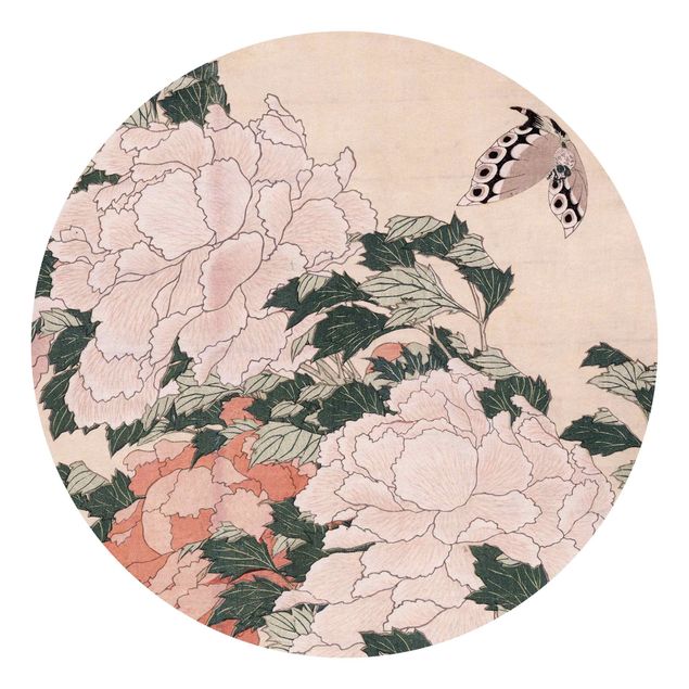 Art style Katsushika Hokusai - Pink Peonies With Butterfly