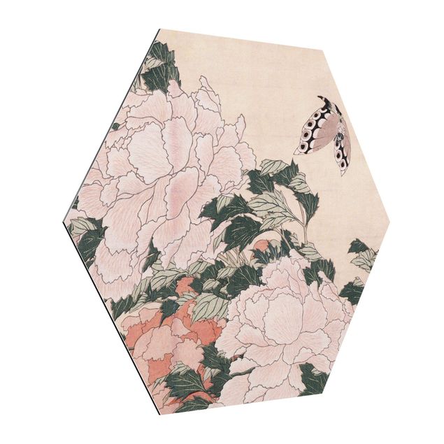 Animal canvas Katsushika Hokusai - Pink Peonies With Butterfly