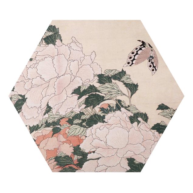 Floral canvas Katsushika Hokusai - Pink Peonies With Butterfly