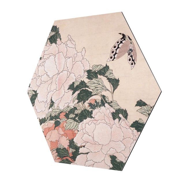Pink art canvas Katsushika Hokusai - Pink Peonies With Butterfly