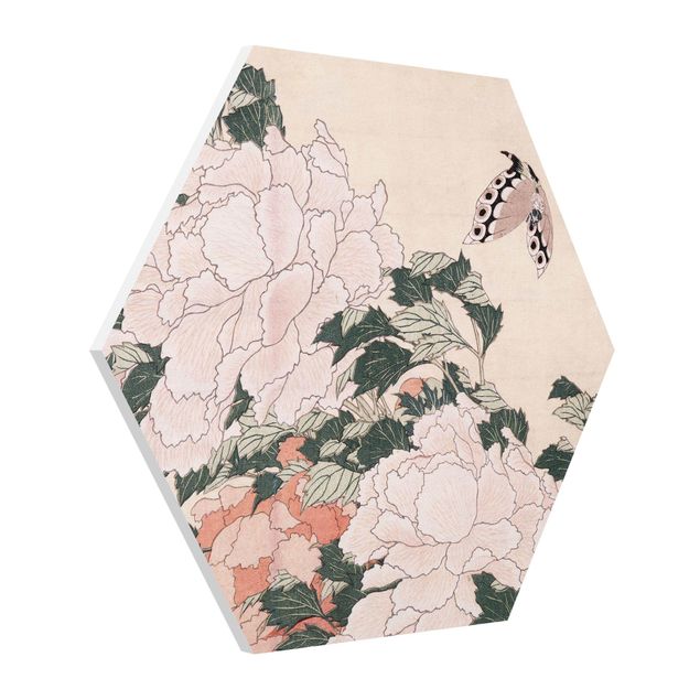 Prints animals Katsushika Hokusai - Pink Peonies With Butterfly