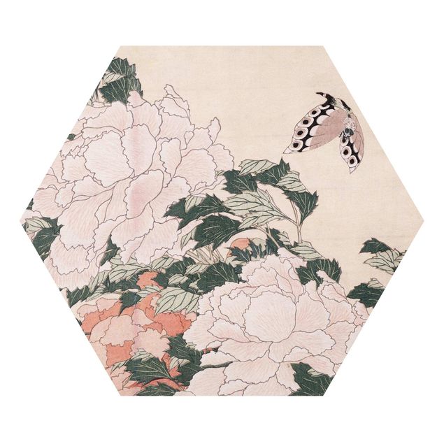 Flower print Katsushika Hokusai - Pink Peonies With Butterfly