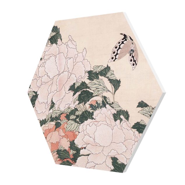 Forex prints Katsushika Hokusai - Pink Peonies With Butterfly