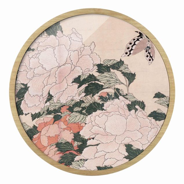 Animal wall art Katsushika Hokusai - Pink Peonies With Butterfly