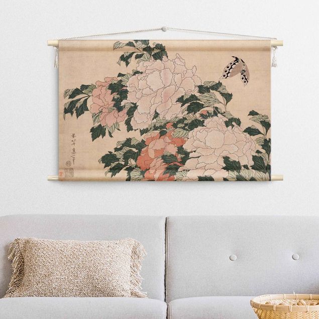 modern wall tapestry Katsushika Hokusai - Pink Peonies With Butterfly