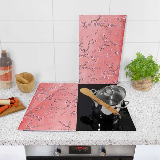 Stove top covers flower Cherry Blossoms On Red
