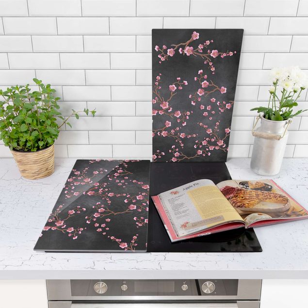 Stove top covers flower Cherry Blossoms On Black