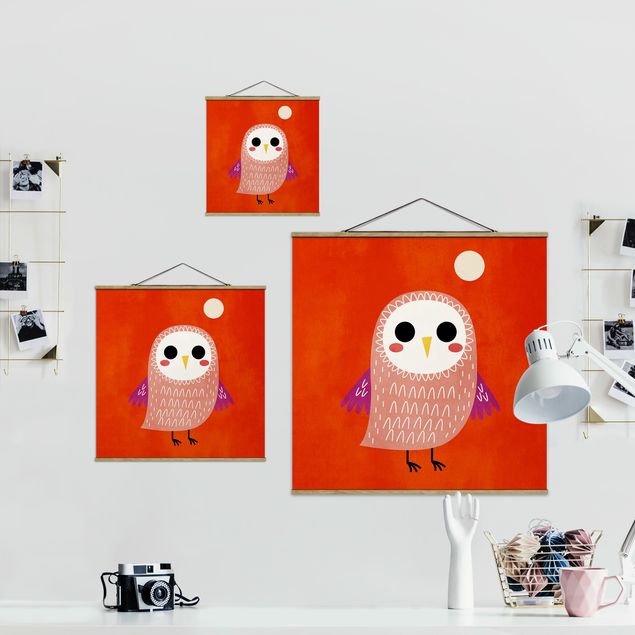 Prints Little Owl At Red Night