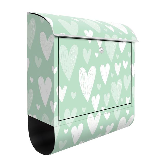 Green letter box Small And Big Drawn White Hearts On Green