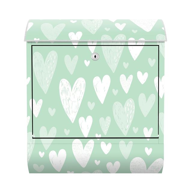 Mailbox Small And Big Drawn White Hearts On Green