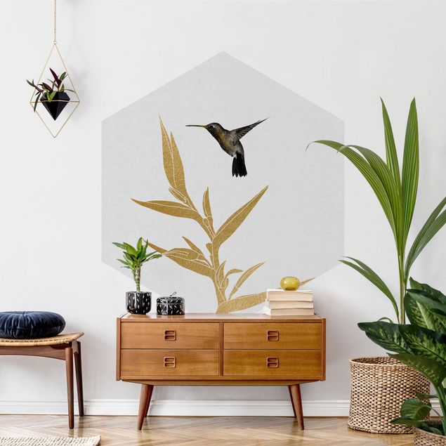 Floral wallpaper Hummingbird And Tropical Golden Blossom II