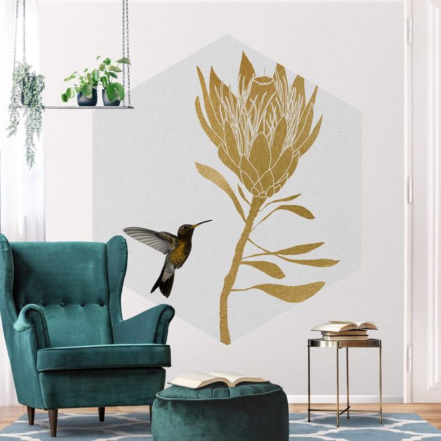 Wallpapers gold and silver Hummingbird And Tropical Golden Blossom