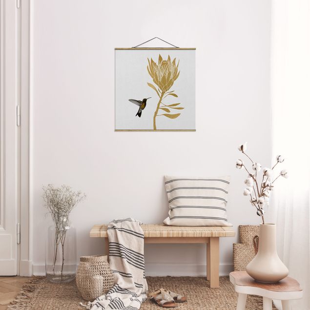 Art posters Hummingbird And Tropical Golden Blossom