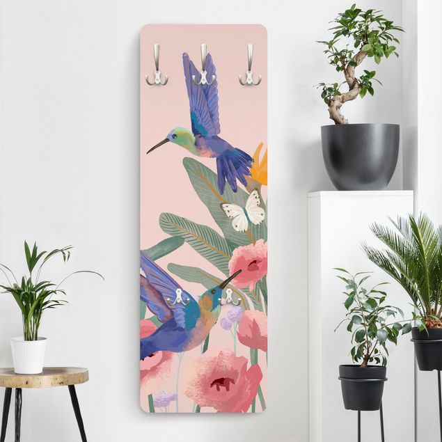 Wall mounted coat rack flower Hummingbirds and pink blossoms