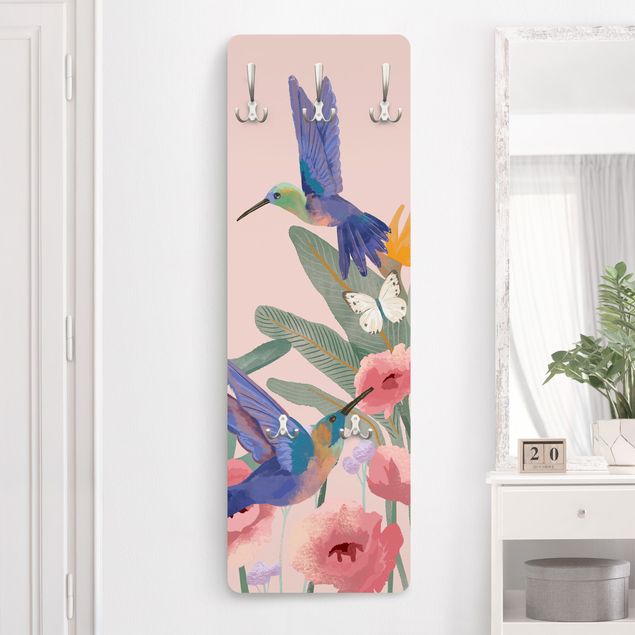 Wall mounted coat rack animals Hummingbirds and pink blossoms