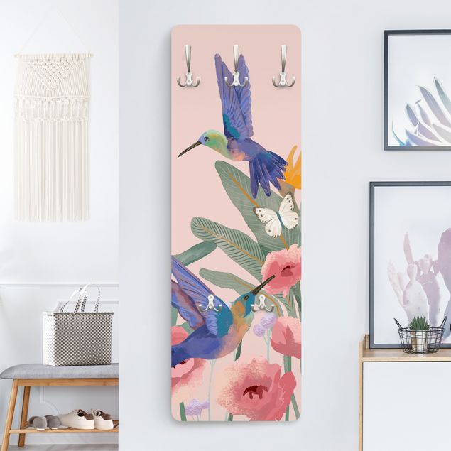 Wall mounted coat rack multicoloured Hummingbirds and pink blossoms