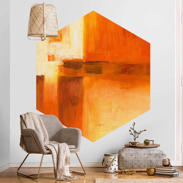 Hexagonal wall mural Composition In Orange And Brown 01