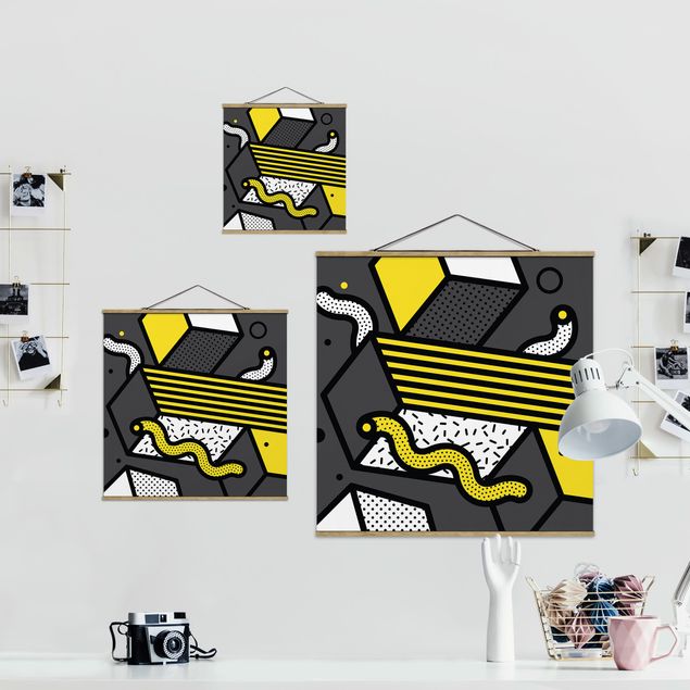 Fabric print with posters hangers Composition Neo Memphis Yellow And Grey