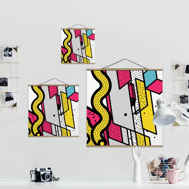 Fabric print with posters hangers Composition Neo Memphis Pink And Yellow