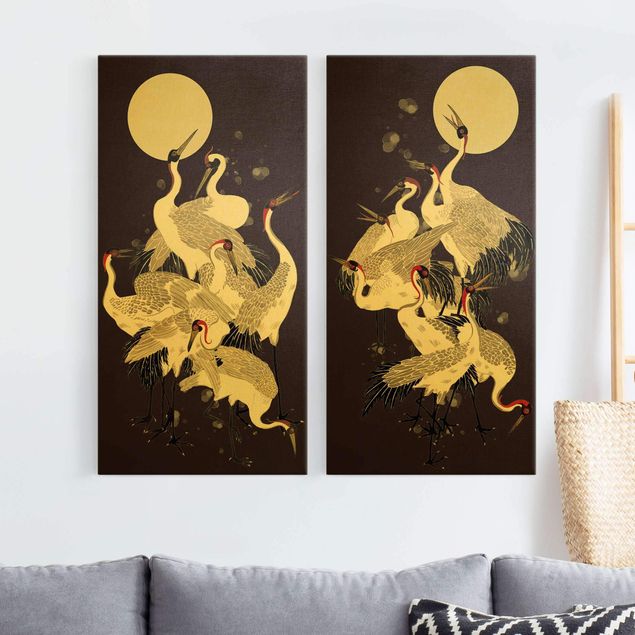 Bird canvas wall art Cranes In Front Of Moon Duo