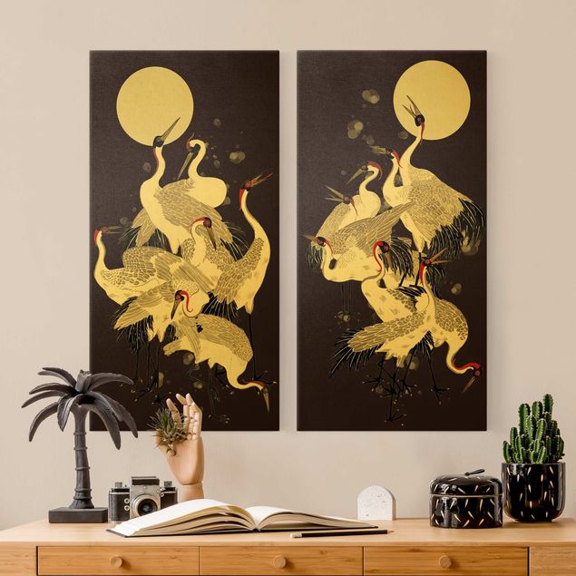 Contemporary art prints Cranes In Front Of Moon Duo