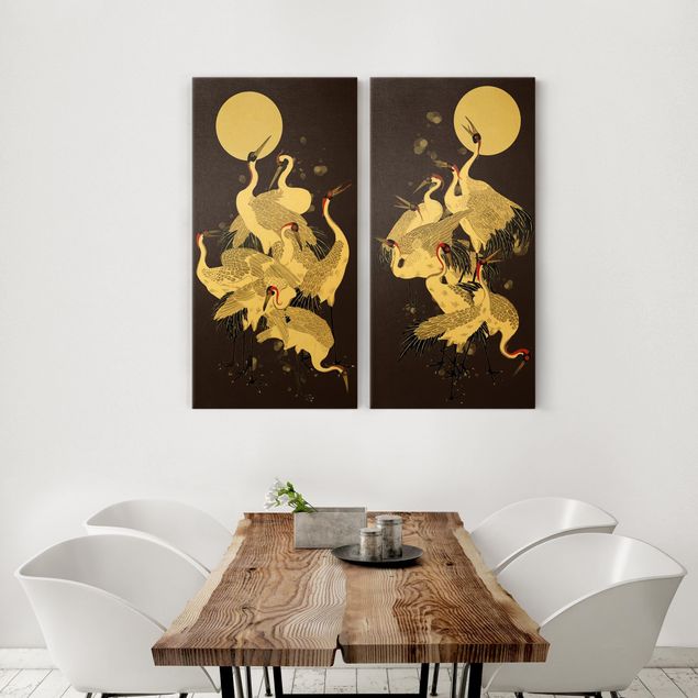 Animal wall art Cranes In Front Of Moon Duo